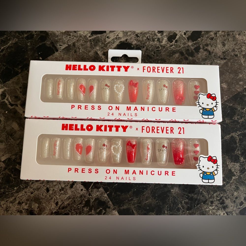 Set of 2 Sanrio Hello Kitty Press-On Manicure 24 Nails Per Set  Red & White